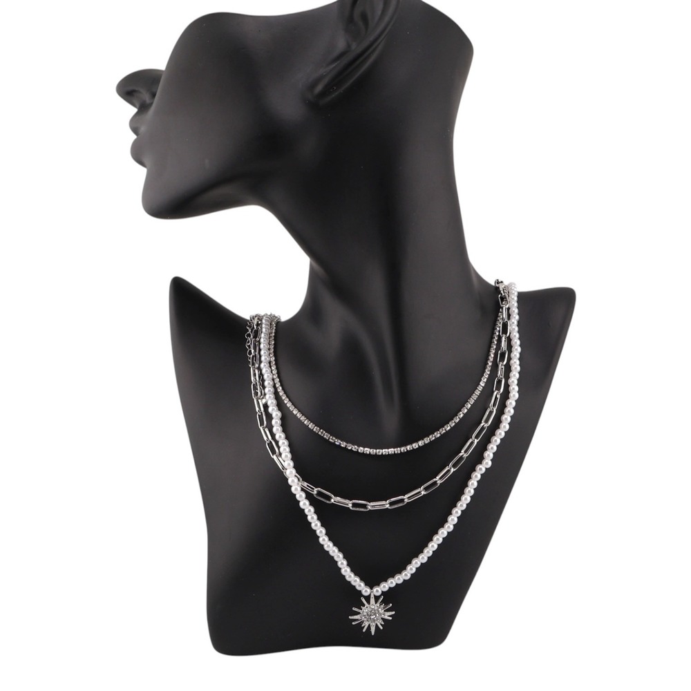 The Limited Multi Chain Layered Necklace Gray Pearl Starburst Silver Tone NWT